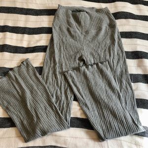 Silver Bells Ringing Grey Ribbed Lettuce Hem Flare Leggings